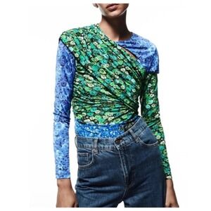 Zara Mixed Floral Draped Stretch Long Sleeve Top Blue Green Size Small